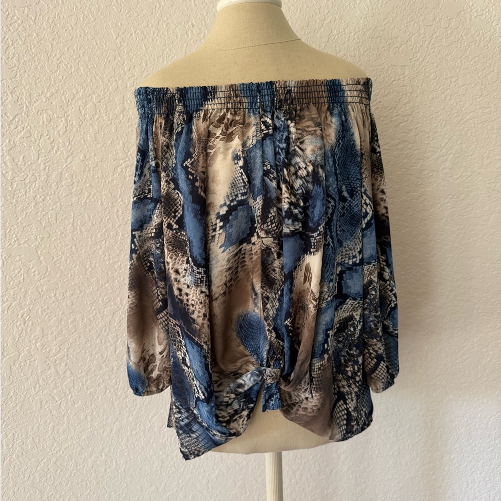 Ariella Blue and Brown Snake Print Off-Shoulder Blouse